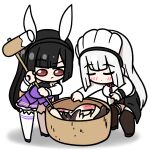  3girls animal_ear_headband animal_ears baekto_(last_origin) black_hair blush_stickers breasts brown_hair chef chef_hat chibi clooliss closed_eyes commentary_request detached_sleeves dog_ears dog_girl dress food grey_hair hachiko_of_castling hat highres jewelry kine korean_commentary large_breasts last_origin long_hair mallet mini_chef_hat mini_hat mochi mochitsuki multicolored_hair multiple_girls neckerchief red_eyes skirt sowan_(last_origin) thighhighs thighlet two-tone_hair very_long_hair white_background 