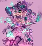  1girl alternate_costume ascot blush bright_pupils brooch cigarette eyepatch flower gloves green_eyes gun hat hat_flower highres holding holding_gun holding_weapon jewelry komeiji_koishi komeiji_koishi_(heartless_swamp_lady) long_sleeves looking_at_viewer mossberg_590 pump_action purple_theme rampa93 shell_casing shotgun simple_background smoke smoking smoking_barrel solo spot_color thighhighs third_eye torn_clothes torn_thighhighs touhou touhou_lostword twitter_username weapon white_pupils wide_sleeves 