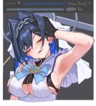 1girl absurdres armpits bakushin_o_armpit_gif_(meme) black_gloves blue_hair blush breasts chain chain_headband closed_eyes colored_inner_hair dress earrings gloves hair_intakes hand_on_own_head highres hololive hololive_english jewelry large_breasts meme multicolored_hair old_metal_666 open_mouth ouro_kronii ouro_kronii_(1st_costume) presenting_armpit sideboob sweat underboob veil virtual_youtuber white_dress 