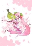  1girl animal bare_shoulders bird blush boots cherry_blossom_print cherry_blossoms cherry_hair_ornament collared_shirt commentary_request detached_sleeves falling_petals floral_print food-themed_hair_ornament full_body green_bird hair_ornament hatsune_miku headset highres long_hair long_sleeves looking_at_viewer miniskirt necktie ohu_(kagemaru) one_eye_closed open_mouth petals pink_boots pink_eyes pink_hair pink_necktie pink_skirt pink_sleeves pleated_skirt sakura_miku shirt simple_background skirt sleeveless sleeveless_shirt smile solo thick_thighs thigh_boots thighs twintails very_long_hair vocaloid white_background wide_sleeves zettai_ryouiki 