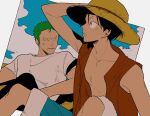  2boys arm_up bandana_around_arm bare_shoulders black_hair black_pants blue_shorts blue_sky cloud cloudy_sky collarbone feet_out_of_frame green_hair hat male_focus monkey_d._luffy multiple_boys numata_(oioioioiai) one_piece open_clothes open_mouth open_vest pants red_vest roronoa_zoro scar scar_on_cheek scar_on_face shirt short_hair shorts sitting sky straw_hat sweatdrop vest white_shirt 