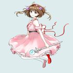  1girl bare_shoulders breasts brown_eyes brown_hair choker dress frills hair_ornament reala ribbon shoes short_hair smile staff tales_of_(series) tales_of_destiny_2 thighhighs weapon 