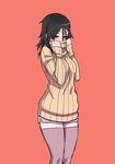  black_eyes black_hair blush clothes_lift commentary hair_ornament hanako_yamada heart heart_hair_ornament highres kjech shorts sweater sweater_lift thighhighs yandere_simulator 