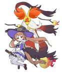  1girl 1other absurdres animal_ear_fluff animal_ears black_fur blush bow bowtie braid braided_hair_rings broom broom_riding brown_hair closed_mouth commentary_request delphox ear_bow ear_covers fire floating fox_ears furry hair_rings hat hat_with_ears highres holding holding_wand horse_ears horse_girl horse_tail long_hair looking_at_viewer mega_delphox mega_pokemon multicolored_fur open_mouth pleated_skirt pokemon pokemon_(creature) puffy_short_sleeves puffy_sleeves purple_bow purple_bowtie purple_eyes purple_shirt red_eyes red_fur sailor_collar sailor_shirt saramiao-chan school_uniform shirt shoes short_sleeves simple_background skirt smile snout sweep_tosho_(umamusume) tail thighhighs tracen_school_uniform twintails umamusume wand white_background white_fur white_sailor_collar white_skirt white_thighhighs witch_hat yellow_fur 
