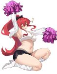 1girl absurdres arm_up black_ribbon black_shorts boots crop_top full_body green_eyes hair_ribbon high_heel_boots high_heels high_ponytail highres long_hair looking_at_viewer midriff navel original pinepin plump pom_pom_(cheerleading) ponytail red_hair ribbon shorts shrug_(clothing) smile solo sparkle very_long_hair white_background white_boots white_shrug 