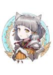  1girl animal_ear_fluff animal_ears armor bangs cat_ears commentary facial_mark grey_hair hair_ribbon highres looking_at_viewer nintendo niyah orange_ribbon parted_lips pauldrons q-pra ribbon short_hair signature solo spikes upper_body white_background xenoblade_(series) xenoblade_2 