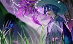  1boy blue_butterfly blurry blurry_background bug butterfly chinese_commentary commentary_request electricity feathers genshin_impact grass hat highres japanese_clothes lightning long_sleeves looking_down open_mouth outdoors purple_eyes purple_hair ruu_(genshin_impact) shade solo storm tree upper_body wide_sleeves xianying992 