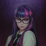  1girl black-framed_eyewear black_necktie blue_hair blunt_bangs byger cat_eye-framed_eyewear collared_shirt dress_shirt frown furrowed_brow glasses glowing glowing_eyes gradient_background hair_ornament looking_at_viewer multicolored_hair my_little_pony my_little_pony:_equestria_girls my_little_pony:_friendship_is_magic necktie pink_vest purple_background purple_eyes purple_hair shirt solo star_(symbol) star_hair_ornament straight_hair streaked_hair twilight_sparkle twilight_sparkle_(human) upper_body vest white_shirt 