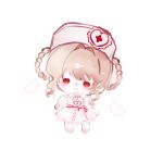  1girl barefoot blonde_hair braid braided_hair_rings brown_eyes buttons cardiogram chibi chinese_commentary closed_mouth collared_dress commentary_request cross cross_print dress fengmi_youzi_hua frilled_dress frills gloves hair_intakes hair_rings hand_up happy hat hat_ornament heart heart_hat_ornament highres infinity_nikki light_blush medium_dress nikki_(series) nurse nurse_cap print_dress print_headwear puffy_short_sleeves puffy_sleeves red_cross short_hair_with_long_locks short_sleeves sidelocks simple_background smile solid_oval_eyes solo sweet_diagnosis_(infinity_nikki) wavy_hair white_background white_dress white_gloves white_hat 