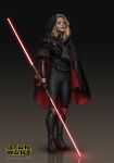  1girl albert_urmanov black_cape black_pants blonde_hair cape darth_zannah double_bladed_lightsaber energy_sword highres lightsaber makeup pants red_lightsaber science_fiction sith star_wars sword weapon 