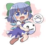  1girl :d blue_dress blue_eyes blue_hair blush bow chibi chibi_only cirno collared_shirt commentary_request dot_nose dress fang full_body green_bow hair_between_eyes hair_bow ice ice_wings neck_ribbon open_mouth pinafore_dress red_ribbon ribbon rokugou_daisuke shirt short_hair short_sleeves signature sleeveless sleeveless_dress smile snowman solo standing standing_on_one_leg touhou white_shirt wings 