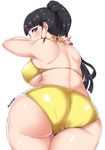  arm_up artist_name ass back bangs bare_arms bare_shoulders bikini black_hair blunt_bangs breasts cameltoe commentary covered_nipples cowboy_shot curvy dimples_of_venus ebino_mei foreshortening from_behind halterneck hatsukoi_zombie highres large_breasts leaning_forward long_hair looking_at_viewer looking_back moisture_(chichi) profile purple_eyes shiny shiny_skin shoulder_blades sideboob solo standing strap_gap sweat swimsuit thighs yellow_bikini 
