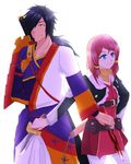  1boy 1girl armor belt black_hair blue_eyes breasts dagger hair_ornament hair_over_one_eye hair_tubes jacket japanese_clothes long_hair orange_eyes pants ponytail red_hair rokurou_rangetsu rose_(tales) scarf short_hair smile sword tales_of_(series) tales_of_berseria tales_of_zestiria weapon 