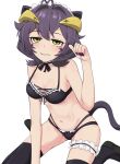  1girl ahoge alternate_costume animal_ears bare_arms bare_shoulders black_bra black_panties black_ribbon black_thighhighs blush bow bow_panties bra breasts cat_ears cat_girl cat_tail choker clenched_teeth collarbone commentary curved_horns double-parted_bangs facial_mark frilled_bra frilled_choker frilled_panties frilled_thigh_strap frills hair_intakes halterneck highleg highleg_panties highres hiiragi_utena horns jitome layered_panties looking_at_viewer magia_baiser mahou_shoujo_ni_akogarete mark_under_both_eyes mary_janes medium_breasts medium_hair nail_polish navel panties paw_pose purple_hair purple_nails ribbon shoes simple_background sitting solo star-shaped_pupils star_(symbol) star_facial_mark stomach suzunari_sakuya symbol-shaped_pupils tail teeth thigh_strap thighhighs underwear wariza white_background yellow_eyes yellow_horns 