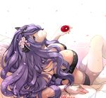  2016 alcohol artist_name bikini black_bikini breasts camilla_(fire_emblem_if) circlet closed_mouth commentary_request cup dated fire_emblem fire_emblem_if flower hair_between_breasts hair_flower hair_ornament hair_over_one_eye kero_sweet large_breasts long_hair looking_up number petals purple_eyes purple_hair rock sakazuki sake signature sitting solo swimsuit very_long_hair wavy_hair 
