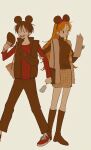  1boy 1girl bag black_hair boots brown_boots disneyland food full_body glasses highres holding holding_another's_arm holding_food holding_map long_hair long_sleeves map mickey_mouse_ears miniskirt minnie_mouse_ears monkey_d._luffy nami_(one_piece) numata_(oioioioiai) one_piece open_mouth orange_hair pants red_shirt scar scar_on_cheek scar_on_face shirt shoulder_bag simple_background single_sidelock skirt standing turtleneck turtleneck_shirt wavy_hair yellow_shirt 