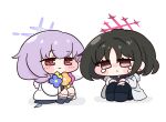  2girls atsuko_(blue_archive) beleullin black_hair blue_archive bouquet chibi chibi_only commentary ear_piercing halo highres holding holding_bouquet long_sleeves misaki_(blue_archive) multiple_girls piercing purple_hair red_eyes red_halo sitting smile tears 