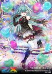  1girl balloon black_boots black_gloves black_shirt boots concert confetti copyright_logo copyright_name copyright_notice detached_sleeves enju_(z/x) gloves green_hair hair_between_eyes hair_ornament heart_balloon holding holding_microphone logo long_hair microphone official_art one_eye_closed open_mouth purple_eyes saisou_(2ndere) shirt skirt smile solo thighhighs translation_request white_thighhighs z/x 