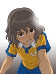  1boy blush brown_hair inazuma_eleven inazuma_eleven_(series) inazuma_eleven_go looking_at_viewer male_focus open_mouth shindou_takuto simple_background soccer_uniform solo sweat yamamiya_hiroshi young 