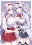  2girls belt black_belt black_gloves black_hairband black_skirt blue_eyes blush border braid breasts color_connection commentary_request cowboy_shot flower garter_straps glorious_(kancolle) gloves grey_hair grey_thighhighs hair_between_eyes hair_color_connection hairband hakama hakama_short_skirt hakama_skirt half_up_braid headband highres holding_hands jacket japanese_clothes kabocha_torute kantai_collection large_breasts long_hair look-alike looking_at_viewer multiple_girls open_mouth red_flower red_hakama red_headband red_rose rose shoukaku_(kancolle) shoukaku_kai_ni_(kancolle) skirt smile thighhighs white_border white_hair white_jacket 