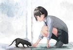  animal black_cat black_hair black_legwear blush cat closed_mouth commentary_request eyebrows_visible_through_hair from_side full_body machahiro_(shiitake) necktie original pleated_skirt shirt shoes short_hair skirt sleeves_rolled_up solo squatting white_shirt 