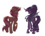  2girls animal_ears blue_eyes blue_hair closed_mouth derpymccallion highres horns horse horse_ears horse_tail looking_at_viewer multiple_girls my_little_pony my_little_pony:_friendship_is_magic orange_fur purple_eyes purple_fur purple_hair red_hair single_horn starlight_glimmer sunset_shimmer sunset_shimmer_(unicorn) tail unicorn white_background wings 