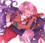  2girls aiguillette bindi black_jacket blue_eyes commentary dark-skinned_female dark_skin dress english_commentary epaulettes green_eyes highres himemiya_anthy jacket long_hair looking_at_another multiple_girls pink_hair purple_hair red_dress red_wrist_cuffs ringle216 shoujo_kakumei_utena tenjou_utena wrist_cuffs 
