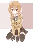  akechi_gorou black_legwear bow brown_hair genderswap genderswap_(mtf) gloves persona persona_5 school_uniform short_hair sitting solo ten_(lu2948d) thighhighs wariza zettai_ryouiki 