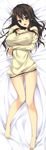  :d absurdres bangs bare_legs bare_shoulders barefoot bed_sheet breast_hold breasts brown_eyes brown_hair brown_sweater cleavage covered_nipples dakimakura eyebrows_visible_through_hair fingernails from_above full_body gakkou_no_seiiki hair_between_eyes hand_up highres huge_filesize large_breasts long_hair long_sleeves looking_at_viewer lying mole mole_under_eye nase_yaeka off-shoulder_sweater on_back open_mouth ryouka_(suzuya) shiny shiny_hair shiny_skin smile solo sweater toenails 
