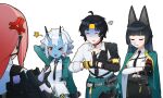 >:p 1boy 3girls anger_vein animal_ear_fluff animal_ears aqua_jacket asaba_harumasa benis_zzz black_choker black_hair black_necktie blue_oni blue_skin blunt_bangs choker closed_eyes clothes_around_waist collared_shirt colored_skin commentary crossed_arms drooling fox_ears fox_girl gauntlets grey_hair hair_between_horns headband high-waist_skirt highres horns hoshimi_miyabi jacket jacket_around_waist long_hair multicolored_horns multiple_girls necktie nose_bubble oni pink_hair red_eyes shirt short_hair single_gauntlet skirt sleeping soukaku_(zenless_zone_zero) tsukishiro_yanagi two-tone_horns untranslatable_commentary upper_body white_shirt yellow_headband zenless_zone_zero 