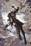  back_cutout black_dress black_hairband blue_eyes boots cleavage_cutout dress feather-trimmed_sleeves hairband highres long_sleeves mole mole_under_mouth nier_(series) nier_automata no_blindfold shilin silver_hair solo thigh_boots thighhighs thighhighs_under_boots yorha_no._2_type_b 