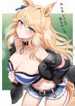  1girl absurdres animal_ears bandeau beatsheavens0735 belt belt_buckle black_belt black_choker black_jacket blonde_hair blue_eyes blue_ribbon blush border breasts buckle choker cleavage commentary_request denim denim_shorts fur-trimmed_shorts fur_trim gloves gold_city_(authentic/1928)_(umamusume) gold_city_(umamusume) grey_shorts hair_ribbon highres horse_ears horse_girl horse_tail jacket large_breasts leaning_forward long_hair long_sleeves looking_at_viewer midriff navel off_shoulder open_clothes open_jacket outside_border ribbon shorts single_glove solo steaming_body stomach striped_bandeau striped_tube_top sweat tail thighs translation_request umamusume white_border white_gloves yellow_tail 