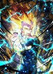  1boy aiming aiming_at_viewer aura bare_shoulders blonde_hair blood blood_on_face commentary_request cowboy_shot dragon_ball dragon_ball_z electricity facial_mark forehead_mark gloves highres majin_vegeta male_focus muscular muscular_male neophyte_illust solo spiked_hair super_saiyan super_saiyan_2 vegeta veins white_gloves 