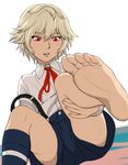  1boy androgynous barefoot blonde_hair blush feet gunslinger_stratos male_focus open_mouth red_eyes remy_odhner school_uniform shota sitting socks solo white_background yamamiya_hiroshi young 