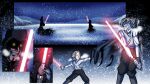  2boys absurdres black_robe cold darth_plagueis energy_sword highres lightsaber multiple_boys nickthepick5 palpatine red_hair red_lightsaber robe sith snow star_wars sword training trembling weapon yellow_eyes 