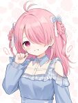  1girl animal_background antenna_hair bare_shoulders blue_dress blush braid braided_hair_rings breasts clothing_cutout commentary_request drawn_wings dress eba_kyouka frilled_dress frills grin hair_over_one_eye hair_rings hanazora_satsuki looking_at_viewer medium_breasts o-ring one_eye_covered palette_project pink_background pink_hair plaid_trim shoulder_cutout smile solo upper_body virtual_youtuber 