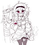  1girl @_@ between_fingers blush bottle breasts buttons cigarette commentary drooling drunk eyeball frilled_skirt frilled_sleeves frills greyscale hair_ornament hairband heart heart_button heart_hair_ornament highres holding holding_bottle komeiji_satori korean_commentary korean_text long_sleeves looking_at_viewer monochrome rampa93 red_eyes ribbon-trimmed_collar ribbon_trim saliva shirt skirt small_breasts solo spot_color thighhighs third_eye torn_clothes torn_thighhighs touhou translated wide_sleeves 