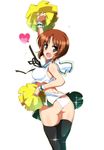  ass blush bouncing_breasts breasts brown_eyes brown_hair cheerleader girls_und_panzer heart large_breasts nishizumi_miho ouhashi panties pleated_skirt sailor_collar skirt smile solo thighhighs underwear upskirt white_background white_panties 