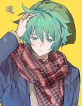  1boy absurdres animal_collar annoyed aqua_eyes aqua_hair beanie blue_jacket chinese_commentary collar commentary_request green_hat hat highres hiyori_sou jacket kimi_ga_shine lu_di_li_dianbo_tongxin male_focus polka_dot polka_dot_scarf red_scarf scarf solo squiggle sweat upper_body yellow_background 