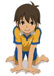  1boy all_fours barefoot brown_eyes brown_hair feet handa_shin&#039;ichi inazuma_eleven inazuma_eleven_(series) looking_at_viewer male_focus open_mouth smile soccer_uniform solo white_background yamamiya_hiroshi young 