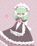  1girl :3 absurdres apron artist_name back_bow black_capelet black_skirt blush bob_cut bow bowtie capelet clothed_pokemon colored_skin commentary_request flat_chest frilled_apron frilled_capelet frilled_skirt frills gardevoir green_hair green_skin hair_between_eyes happy heart heart_background highres long_skirt long_sleeves looking_at_viewer maid maid_headdress meru_(mer_milky77) multicolored_skin open_mouth partial_commentary pokemon pokemon_(creature) purple_background purple_bow purple_bowtie red_eyes short_hair skirt smile solo standing twitter_username two-tone_skin waist_apron watermark white_apron white_skin 