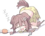  1girl :d animal_ears bone_hair_ornament boned_meat braid brown_hair cartoon_bone closed_eyes commentary dog_ears dog_girl dog_tail food hair_ornament highres hololive inugami_korone meat nose_bubble open_mouth polearm simple_background sleeping smile solo spear tail twin_braids umberblack weapon white_background zzz 