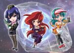  3girls aqua_eyes aqua_hair black_jacket black_shoes black_skirt black_thighhighs bottle bracelet chair chibi chibi_only choker cocktail_glass commentary_request criss-cross_halter cup detached_sleeves disposable_cup dress drinking_glass earrings halterneck hand_on_own_cheek hand_on_own_face holding holding_bottle holding_cup holding_tray jacket jewelry kanna_reiko kanno_natsumi kanzaka_mei long_hair medium_hair miniskirt multiple_girls neckerchief official_art orange_choker orange_skirt orange_tube_top pillbox_hat pink_neckerchief planet purple_dress purple_eyes purple_hair red_eyes red_hair red_shoes shoes sitting skirt space star_jewel strapless thighhighs tray tube_top very_long_hair visor_cap waitress yoshiten zettai_ryouiki 