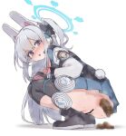  1girl aku0 anal_prolapse animal_ear_headphones animal_ears ankle_boots ankle_socks anus ass ass_focus bar_censor black_boots black_bow black_gloves blue_archive blue_halo blue_skirt blue_socks blush blush_visible_through_hair boots bow censored chestnut_mouth clothes_writing colored_shoe_soles commentary defecating double-parted_bangs embarrassed english_text fake_animal_ears from_behind from_below full_body gloves grey_hair hair_between_eyes hair_bow halo hand_on_own_knee headphones heavy_breathing highres long_hair long_sleeves looking_at_viewer looking_back miniskirt miyako_(blue_archive) mosaic_censoring multicolored_gloves neckerchief no_panties nose_blush open_mouth perineum petite pink_gloves pink_neckerchief pleated_skirt prolapse puckered_anus puffy_long_sleeves puffy_sleeves purple_eyes pussy rabbit_ear_headphones rabbit_ears rabbit_tail scat shadow sidelocks simple_background skirt smell socks solo squatting sweat tail tareme tongue two-tone_gloves two_side_up v-shaped_eyebrows very_long_hair white_background white_tail 