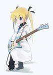  bass_guitar black_ribbon blonde_hair blue_eyes blue_neckwear blush closed_labcoat commentary_request eyebrows_visible_through_hair hair_ribbon highres holding holding_instrument id_card instrument kill_me_baby labcoat long_hair looking_away looking_down necktie okayparium plectrum ribbon solo sonya_(kill_me_baby) twintails 
