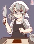  1girl alternate_costume apron asymmetrical_hair blush bowl chocolate collarbone commentary_request cooking grey_background grey_eyes grey_hair headscarf kanon_(kurogane_knights) kantai_collection knife long_hair nowaki_(kancolle) solo 