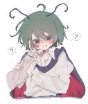  ? ahoge antenna_hair black_cape black_nails blue_eyes blush cape collared_shirt commentary embarrassed green_hair hair_between_eyes hand_on_another's_cheek hand_on_another's_face hands_on_another's_arm highres kazami_yuuka long_sleeves looking_at_viewer maruten_moko nail_polish parted_lips partially_unbuttoned shirt short_hair spoken_question_mark sweat sweatdrop touhou untranslatable_commentary white_sleeves wriggle_nightbug 