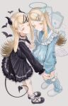  2girls absurdres angel angel_wings animal_ears bandaid bandaid_on_cheek bandaid_on_face bandaid_on_knee bandaid_on_leg bat_(animal) black_dress black_horns black_nails black_shoes black_tail black_wings blonde_hair blue_halo blue_jacket blue_leg_warmers blue_nails closed_mouth collar colored_eyelashes crane666 demon demon_horns demon_tail demon_wings detached_collar dress dual_persona earrings feathered_wings fingernails flipped_hair frilled_collar frilled_dress frilled_shirt_collar frills from_above full_body gakuen_idolmaster grey_background hair_ornament hairclip halo highres holding_hands horns idolmaster intravenous_drip jacket jewelry leg_warmers long_hair long_sleeves looking_at_viewer low_wings multiple_girls orange_eyes pointy_ears puffy_long_sleeves puffy_sleeves shinosawa_hiro shoes simple_background smile socks stud_earrings swept_bangs tail tenshi_kaiwai track_jacket traditional_halo white_shoes white_socks white_wings wing_hair_ornament wings x_hair_ornament zipper zipper_pull_tab 