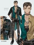 1boy aviator_sunglasses bandolier belt black_belt black_boots black_eyeshadow black_gloves black_jacket black_nails black_pants boots brown_hair bullet buttons chain chain_necklace character_name choker collarbone combat_boots commentary copyright_notice dark-skinned_male dark_skin ear_piercing english_commentary english_text eyebrow_cut eyebrow_piercing eyeshadow face_piercing feather_necklace fingerless_gloves gloves goldbullet goldbullet_(3rd_costume) green_shirt grey_background hand_on_own_hip holostars holostars_english jacket jewelry kadeart large_pectorals leather leather_jacket lip_piercing makeup male_focus mullet multicolored_shirt multiple_views nail_polish necklace official_alternate_costume official_alternate_hair_length official_alternate_hairstyle official_art pants pectoral_cleavage pectorals piercing pin plunging_neckline pompadour punk reference_sheet ring ring_necklace shirt silver_necklace simple_background snakebite_(piercing) solo spiked_choker spikes split-color_clothes steel-toe_boots straight-on studded_belt studded_gloves sunglasses torn_clothes torn_pants torn_shirt two-tone_shirt virtual_youtuber yellow_eyes yellow_shirt 