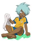  1boy barefoot blush dark_skin feet hair_over_one_eye inazuma_eleven inazuma_eleven_(series) inazuma_eleven_go kurama_norihito light_blue_hair male_focus open_mouth shota sitting solo sweat towel white_background yamamiya_hiroshi young 